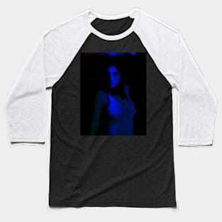 Portrait, digital collage, special processing. Disturbed woman, looking on us. Beautiful. Blue light line. Baseball T-Shirt